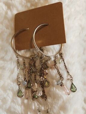 Delicate Vintage Silver -Tone Hoop Earrings with Pink & Green Crystal Drops